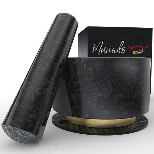 Mortier design granit naturel, pilon long, base cuivre doré - Vue principale
