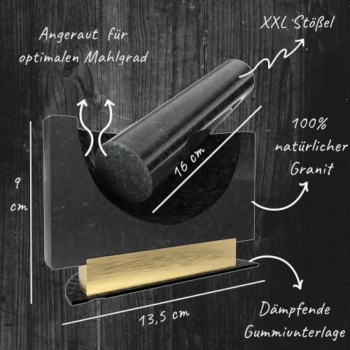 Zoom sur Mortier design granit naturel, pilon long, base cuivre doré