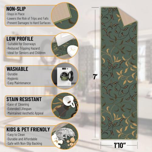 Présentation de Zoom sur Tapis de Couloir Ottohome, Motif Feuilles, Vert Écume