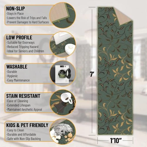 Zoom sur Tapis de Couloir Ottohome, Motif Feuilles, Vert Écume