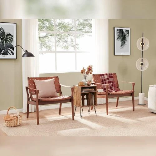 Zoom sur Chaise Longue Scandinave Cuir Cognac pour Salon et Véranda