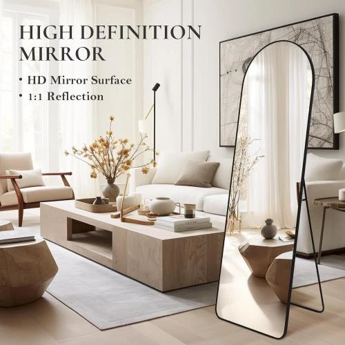 Zoom sur Miroir arqué noir plein longueur, support, décoration intérieure
