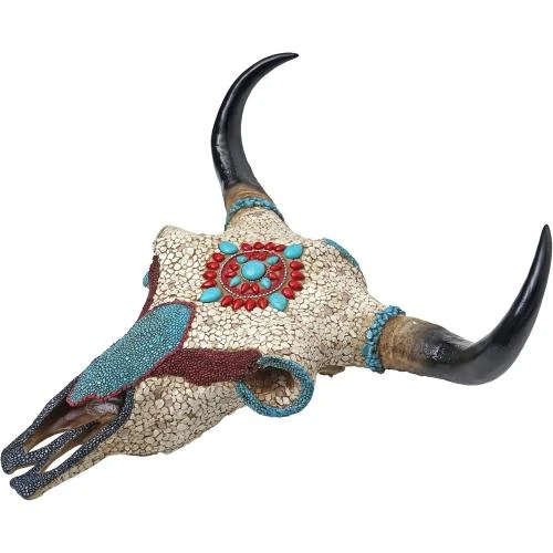 Zoom sur Sculpture Vache Taureau Cornes, Décoration Polyresin Mosaique