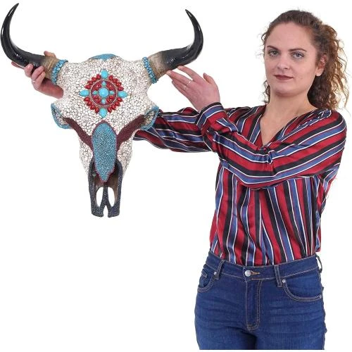Détail de Sculpture Vache Taureau Cornes, Décoration Polyresin Mosaique