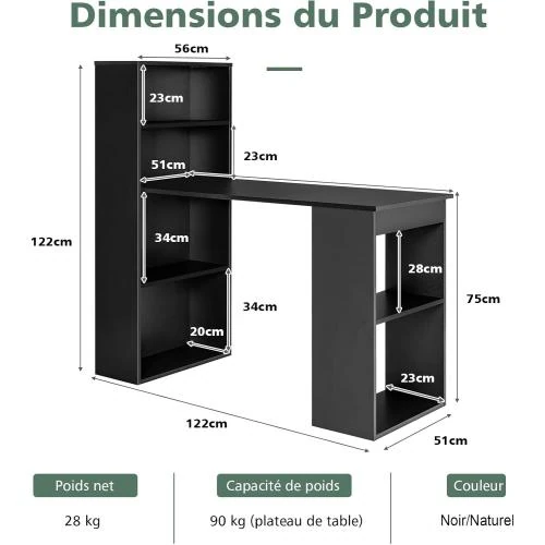 Zoom sur Bureau d'Ordinateur Réversible Noir, Étagères de Rangement