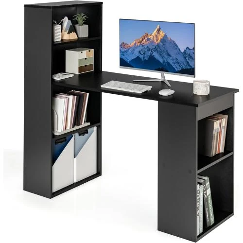 Bureau d'Ordinateur Réversible Noir, Étagères de Rangement - Vue principale
