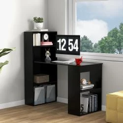 Bureau d'Ordinateur Réversible Noir, Étagères de Rangement en situation