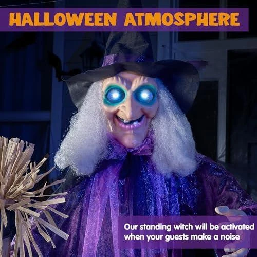 Zoom sur Sorcière Animatronique Halloween, Yeux Lumineux, Mobile