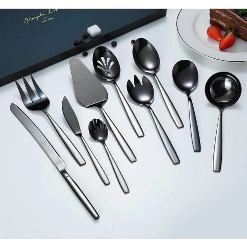 Zoom sur Ensemble service noir 10 pièces, couverts acier inoxydable, titane