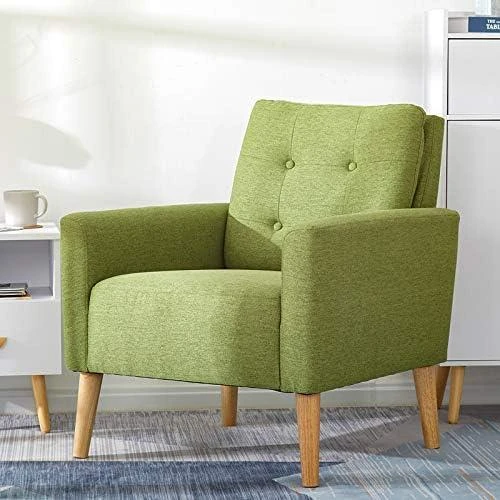 Détail de Fauteuil Scandinave Vert en Polyester Pieds Bois Massif Moderne