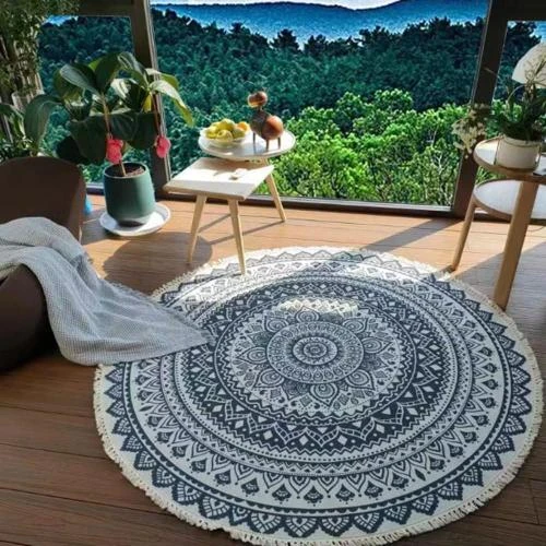 Zoom sur Tapis Mandala Indien Coton, Antidérapant, Boho, Rond
