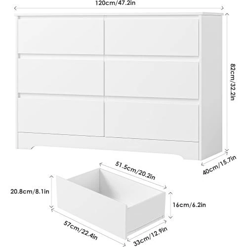Zoom sur Commode Blanche 6 Tiroirs Rangement FOREHILL Bois