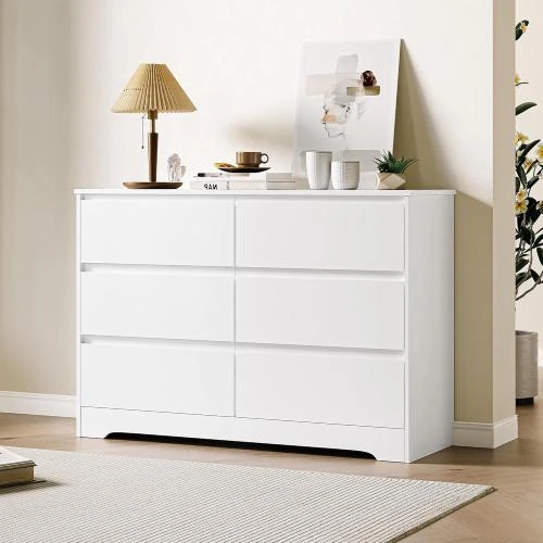 Détail de Commode Blanche 6 Tiroirs Rangement FOREHILL Bois