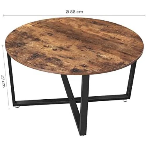 Zoom sur Table Basse Ronde Industrielle, Cadre Acier, Marron Rustique Noir, Salon Chambre