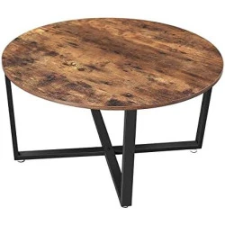 Table Basse Ronde Industrielle, Cadre Acier, Marron Rustique Noir, Salon Chambre