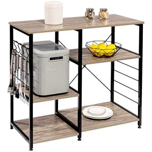 Présentation de Zoom sur Étagère Cuisine Micro-Ondes Métal Bois, Rangement 5 Tablettes Noir Hêtre