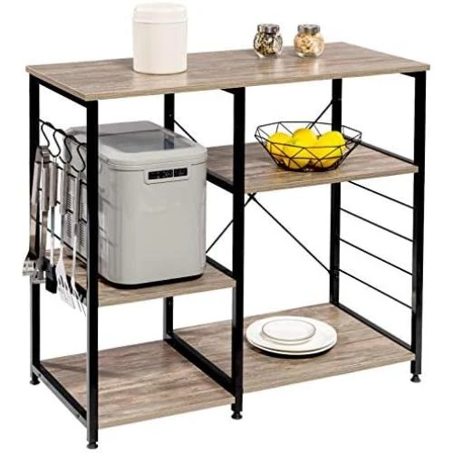 Zoom sur Étagère Cuisine Micro-Ondes Métal Bois, Rangement 5 Tablettes Noir Hêtre