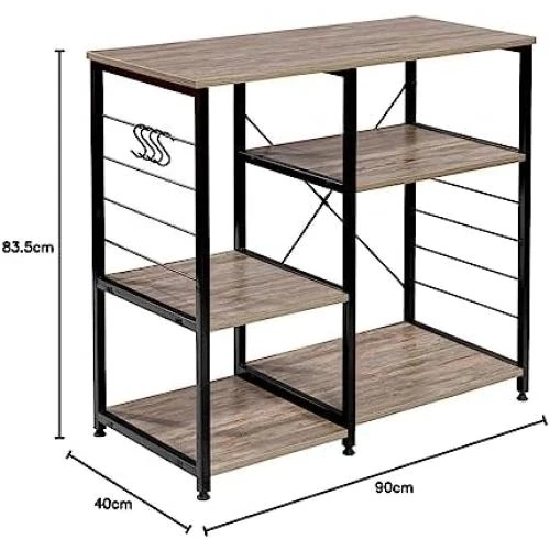 Détail de Étagère Cuisine Micro-Ondes Métal Bois, Rangement 5 Tablettes Noir Hêtre