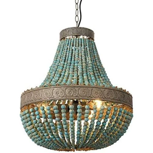 Lustre Vintage en Bois avec Perles et Trois Lumières - Vue principale