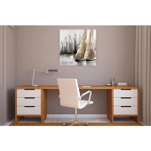 Zoom sur KunstLoft Tableau peinture moderne, Bateaux gris, déco murale