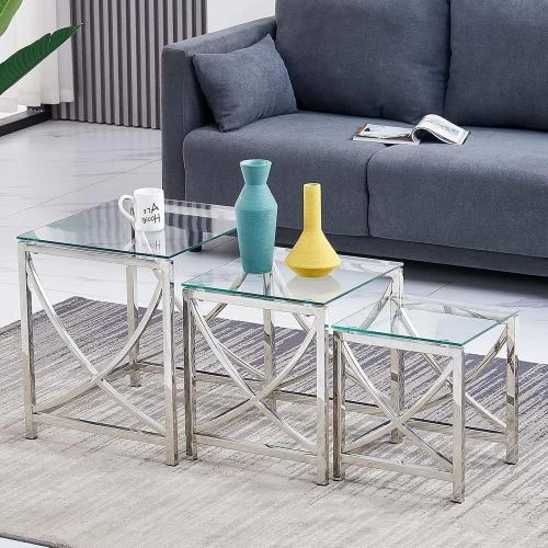 AINPECCA Tables basses gigognes modernes, verre trempé, acier inoxydable - Vue principale