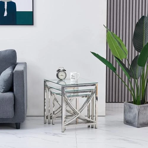 Zoom sur AINPECCA Tables basses gigognes modernes, verre trempé, acier inoxydable