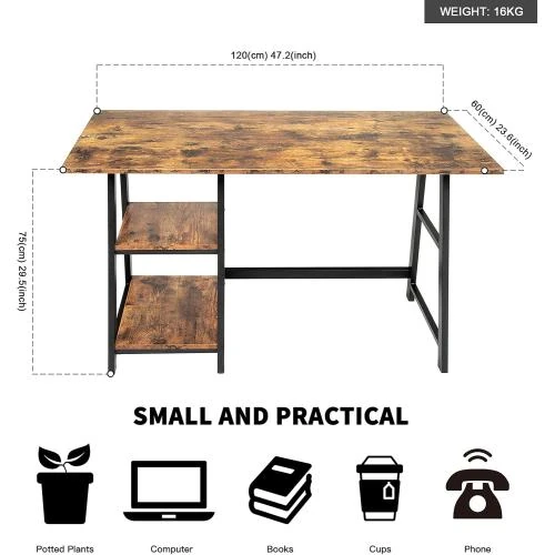 Zoom sur Bureau Oak, Tea, Rangement, 2 Étagères Amovibles, Métal
