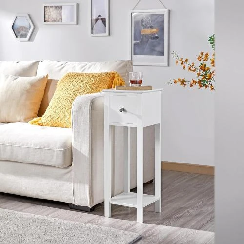 Détail de Yaheetech Table de chevet bois, 1 tiroir, 2 étagères, blanc
