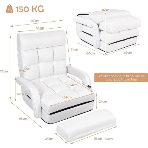 Zoom sur Chauffeuse Convertible Adulte, Accoudoirs, Coussins, Dossier Réglable