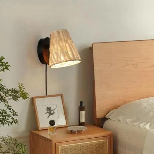 Détail de Applique murale LED Barcelona, osier bambou, E27, design moderne