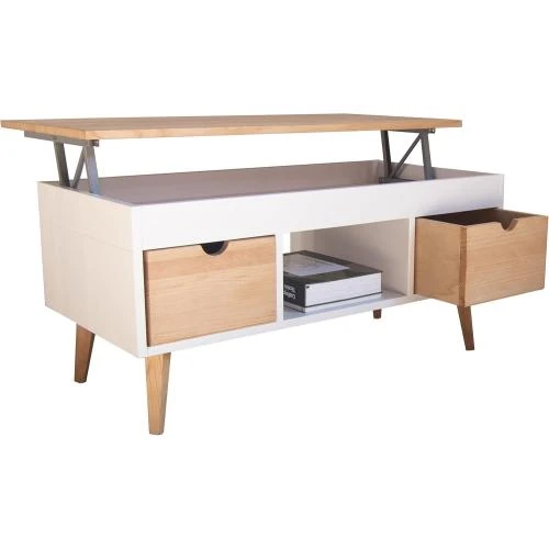 Zoom sur Table Basse Relevable, 2 Tiroirs, Bois Massif Blanc