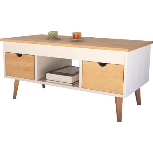 Détail de Table Basse Relevable, 2 Tiroirs, Bois Massif Blanc