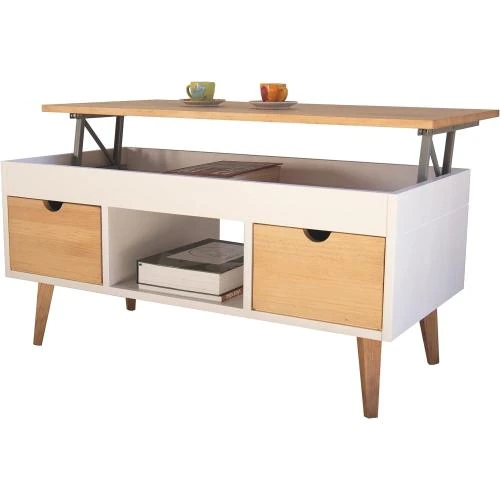 Table Basse Relevable, 2 Tiroirs, Bois Massif Blanc - Vue principale