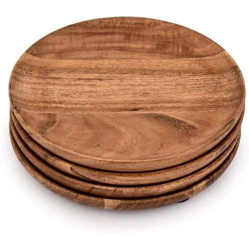 Détail de Assiettes rondes bois acacia, lot 4, faciles à nettoyer