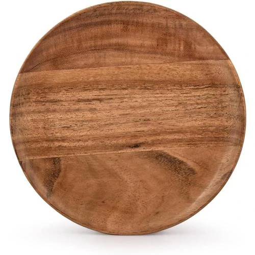 Zoom sur Assiettes rondes bois acacia, lot 4, faciles à nettoyer