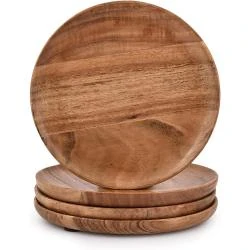 Assiettes rondes bois acacia, lot 4, faciles à nettoyer
