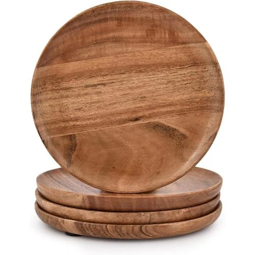 Assiettes rondes bois acacia, lot 4, faciles à nettoyer - Vue principale