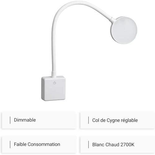 Détail de Lampe Lecture Murale LED Dimmable, Applique Nuit Blanc