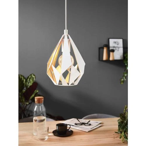 Zoom sur Suspension luminaire Carlton 1, lustre vintage acier blanc, doré