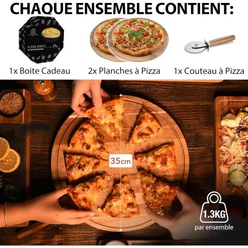Zoom sur Planche à pizza en bois d'acacia certifié FSC, set 2