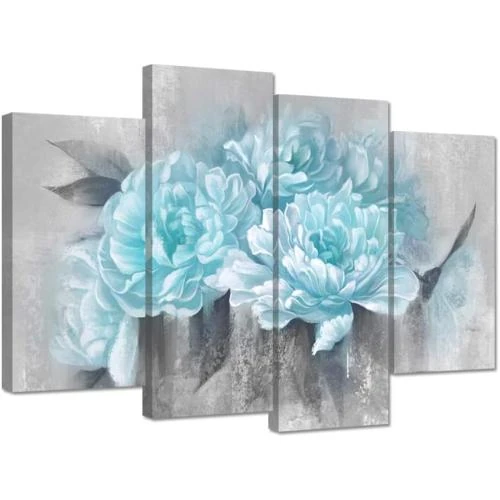Tableau Abstrait Floral Sarcelle Drop Master, 4 Panneaux - Vue principale