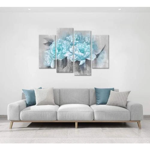 Zoom sur Tableau Abstrait Floral Sarcelle Drop Master, 4 Panneaux