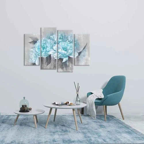 Détail de Tableau Abstrait Floral Sarcelle Drop Master, 4 Panneaux