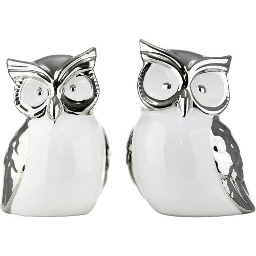 Zoom sur Figurine Décoration Hibou Céramique Blanc Argent Gilde