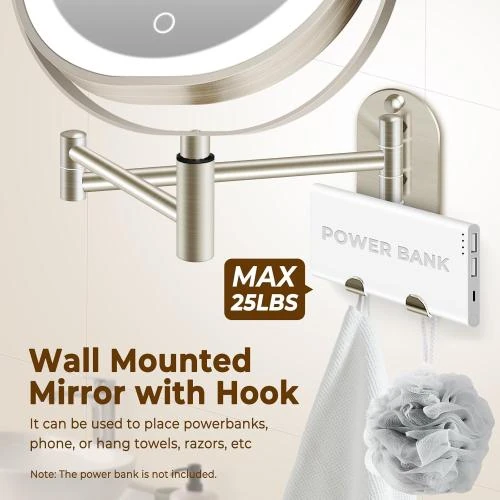 Zoom sur Miroir maquillage mural éclairé, rechargeable, double face, 360