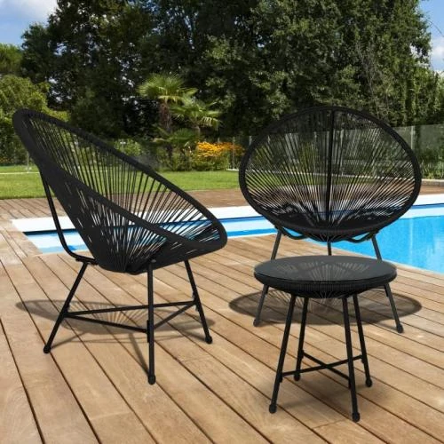 Détail de IDMarket Salon de Jardin Izmir, Table, 2 Fauteuils Noir