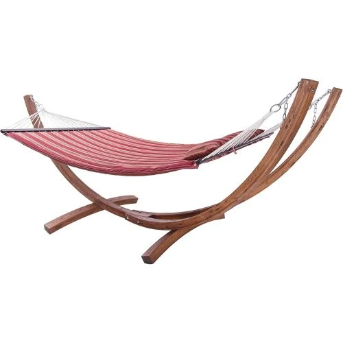 Détail de Hamac Double XXL Rouge, Support Bois, Jardin, Terrasse