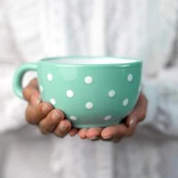 Tasse en céramique bleue turquoise, pois blancs, artisanale
