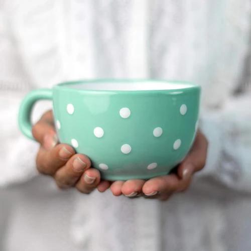 Tasse en céramique bleue turquoise, pois blancs, artisanale - Vue principale