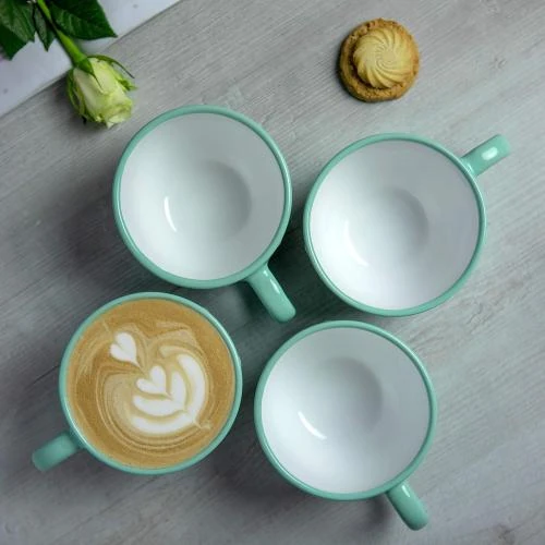 Zoom sur Tasse en céramique bleue turquoise, pois blancs, artisanale